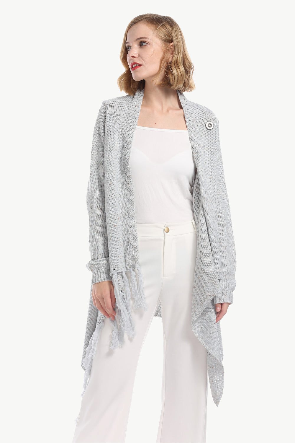 One-Button Tassel Tie Asymmetrical Hem Cardigan - Bazaare Mart