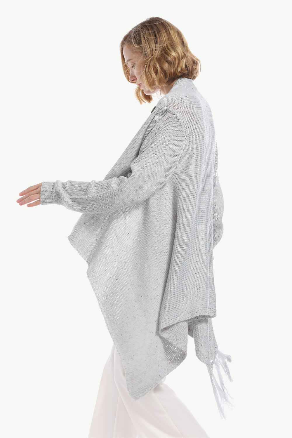 One-Button Tassel Tie Asymmetrical Hem Cardigan - Bazaare Mart