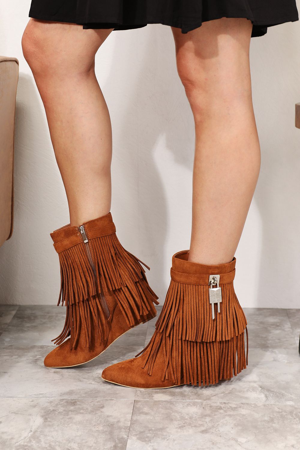 Fringe Faux Suede Wedge Heel Booties - Bazaare Mart