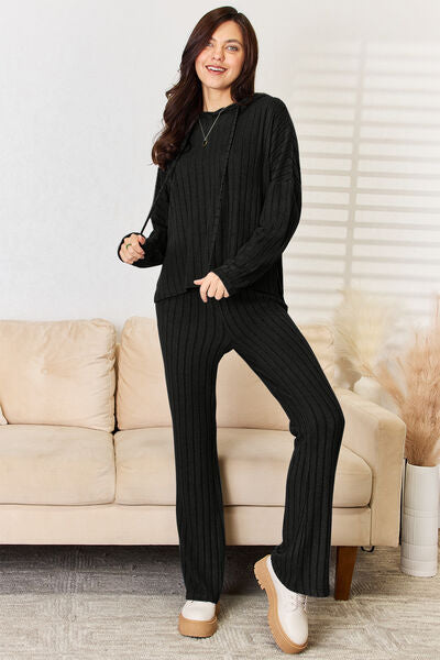 Black Plus Size Ribbed Hoodie Top and Pants Set