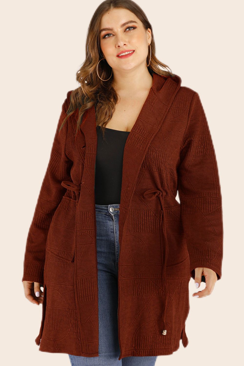 Plus Size Drawstring Hooded Cardigan with Pockets - Bazaare Mart