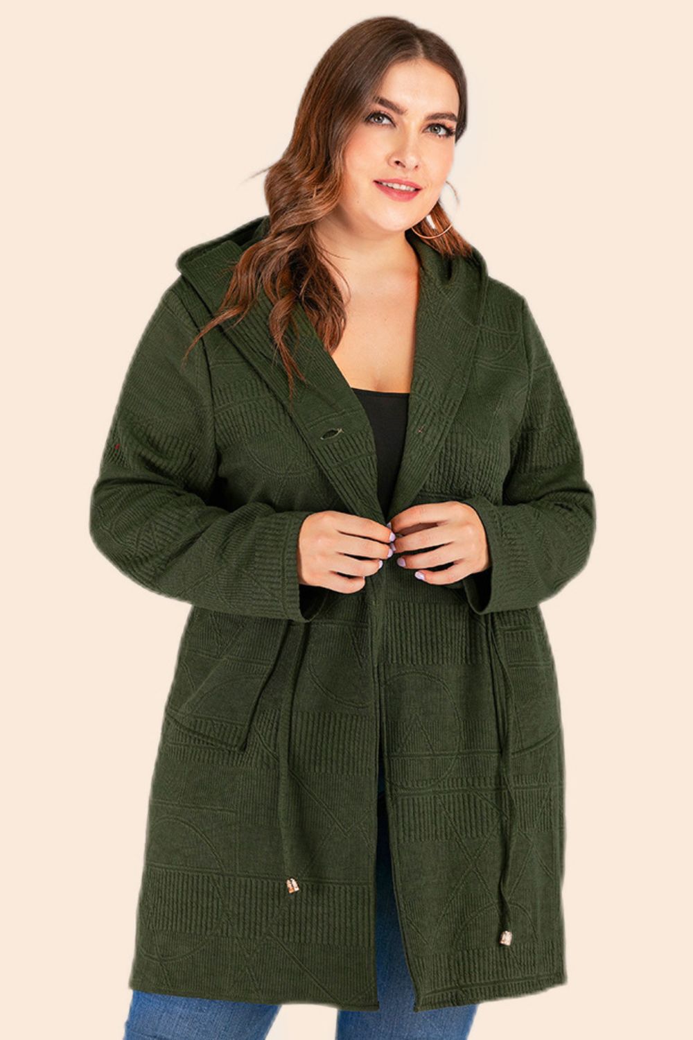 Plus Size Drawstring Hooded Cardigan with Pockets - Bazaare Mart