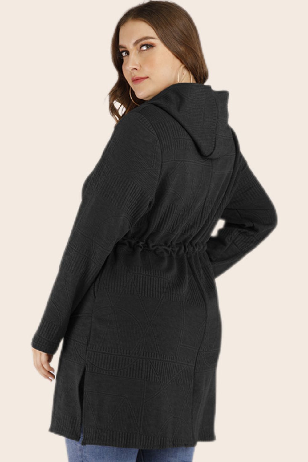 Plus Size Drawstring Hooded Cardigan with Pockets - Bazaare Mart
