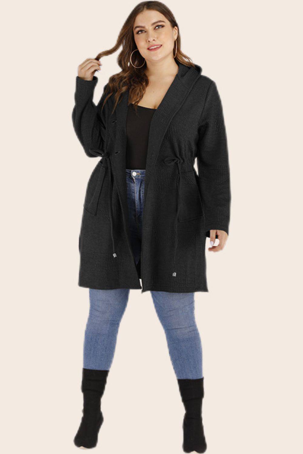 Plus Size Drawstring Hooded Cardigan with Pockets - Bazaare Mart