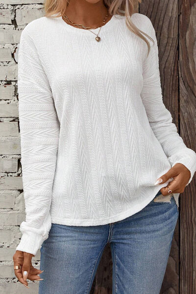 Crew Neck Dropped Shoulder Cable Knit Sweater