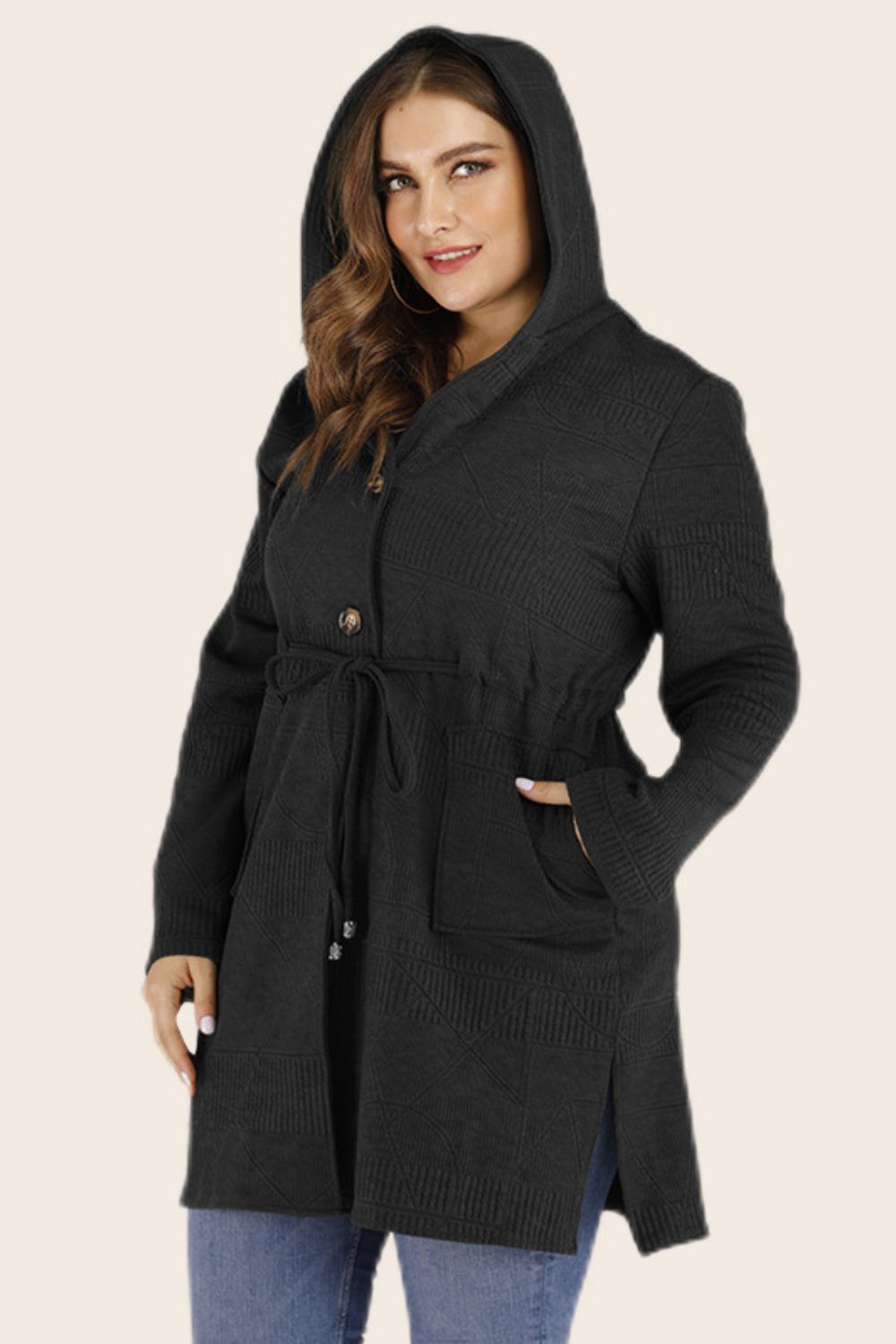 Plus Size Drawstring Hooded Cardigan with Pockets - Bazaare Mart