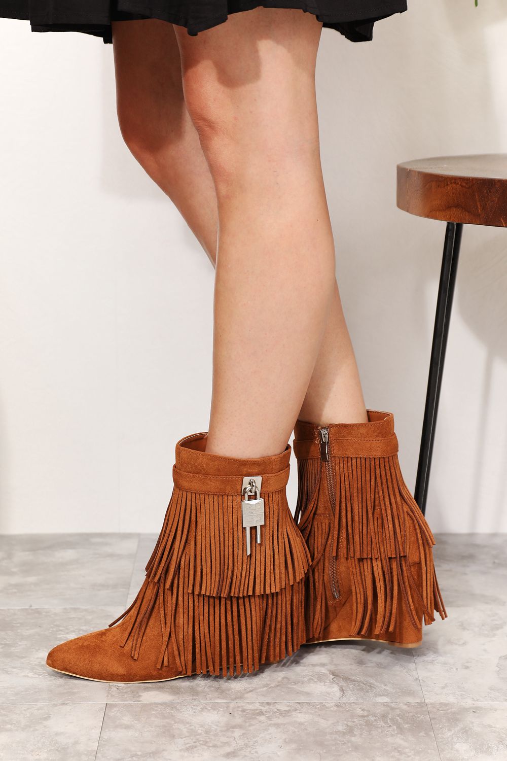 Fringe Faux Suede Wedge Heel Booties - Bazaare Mart