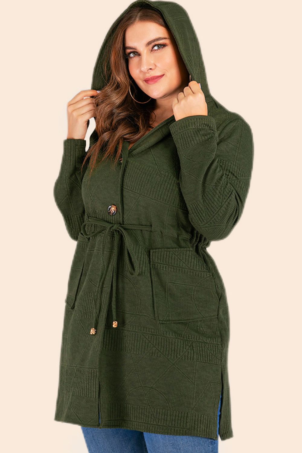 Plus Size Drawstring Hooded Cardigan with Pockets - Bazaare Mart