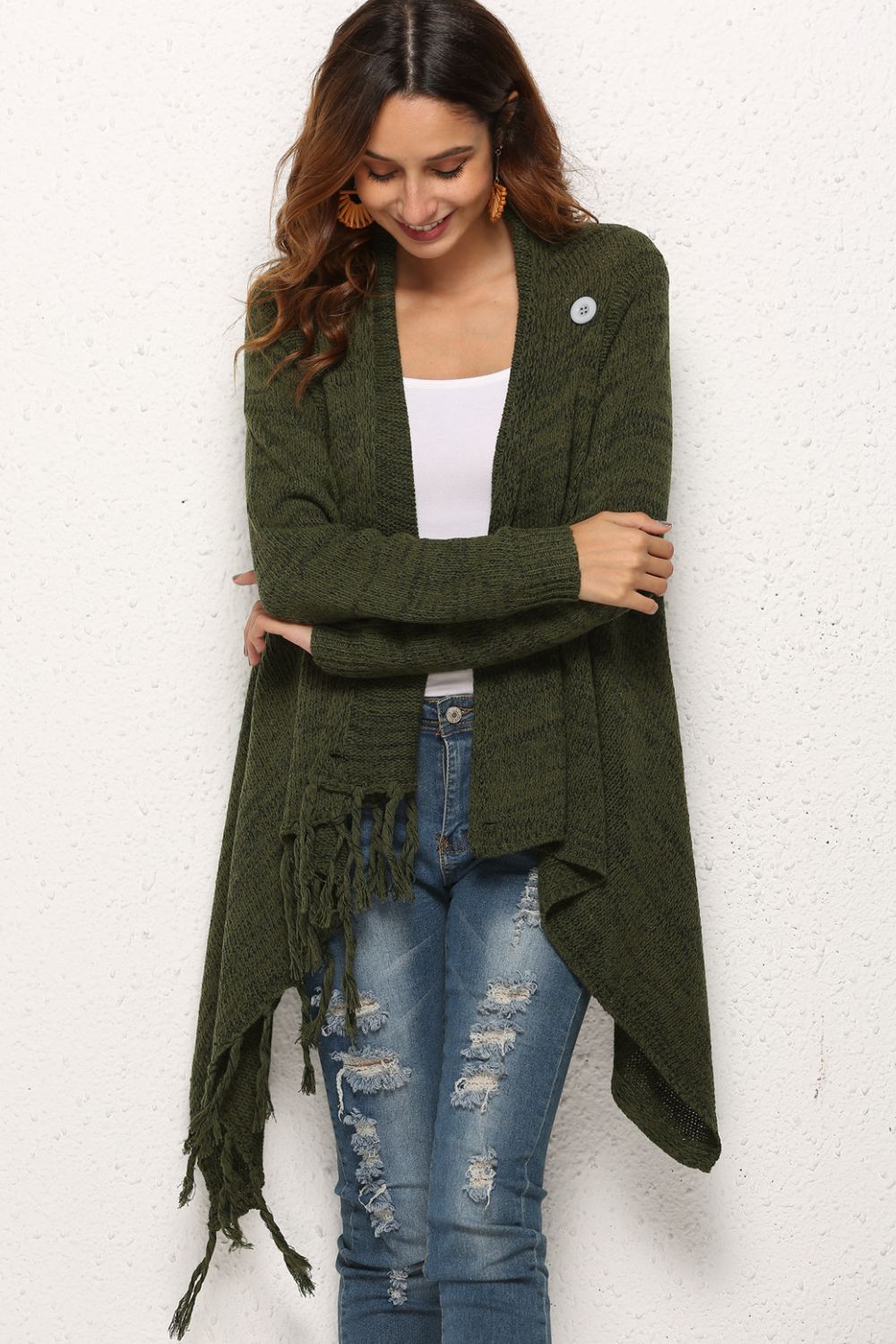One-Button Tassel Tie Asymmetrical Hem Cardigan - Bazaare Mart
