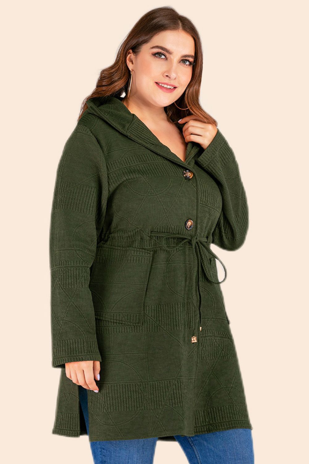 Plus Size Drawstring Hooded Cardigan with Pockets - Bazaare Mart