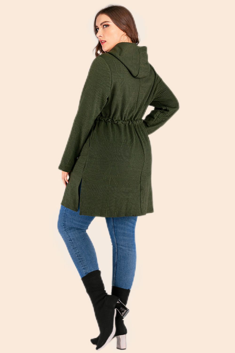 Plus Size Drawstring Hooded Cardigan with Pockets - Bazaare Mart