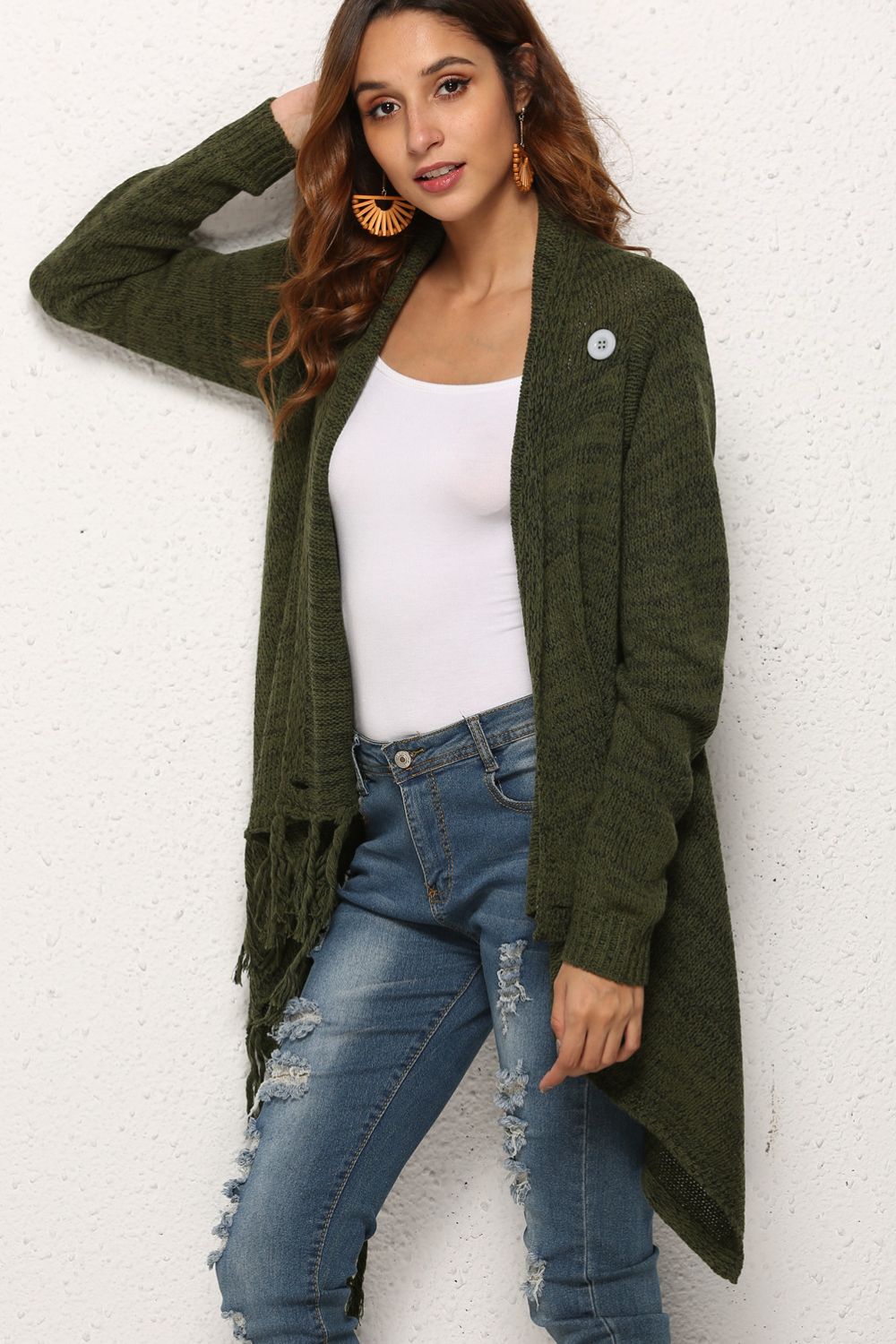 One-Button Tassel Tie Asymmetrical Hem Cardigan - Bazaare Mart