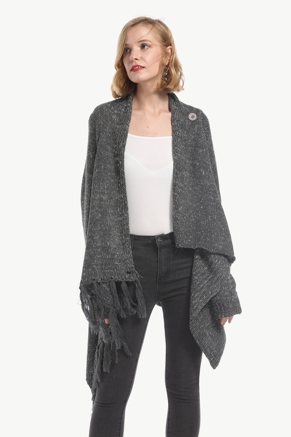 One-Button Tassel Tie Asymmetrical Hem Cardigan - Bazaare Mart