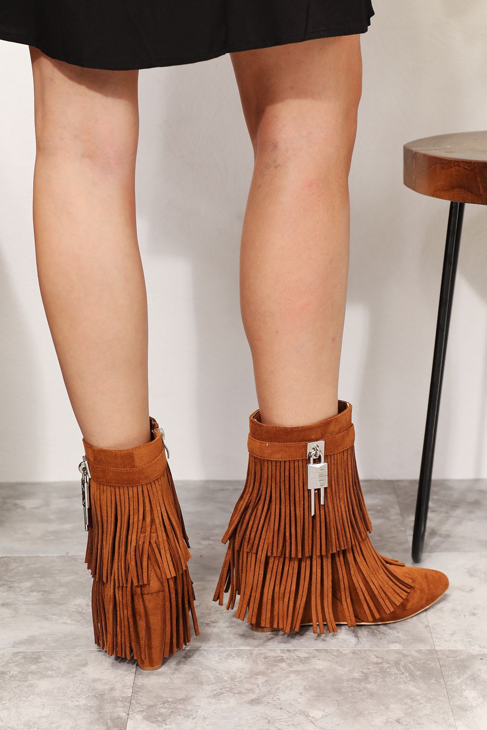 Fringe Faux Suede Wedge Heel Booties - Bazaare Mart