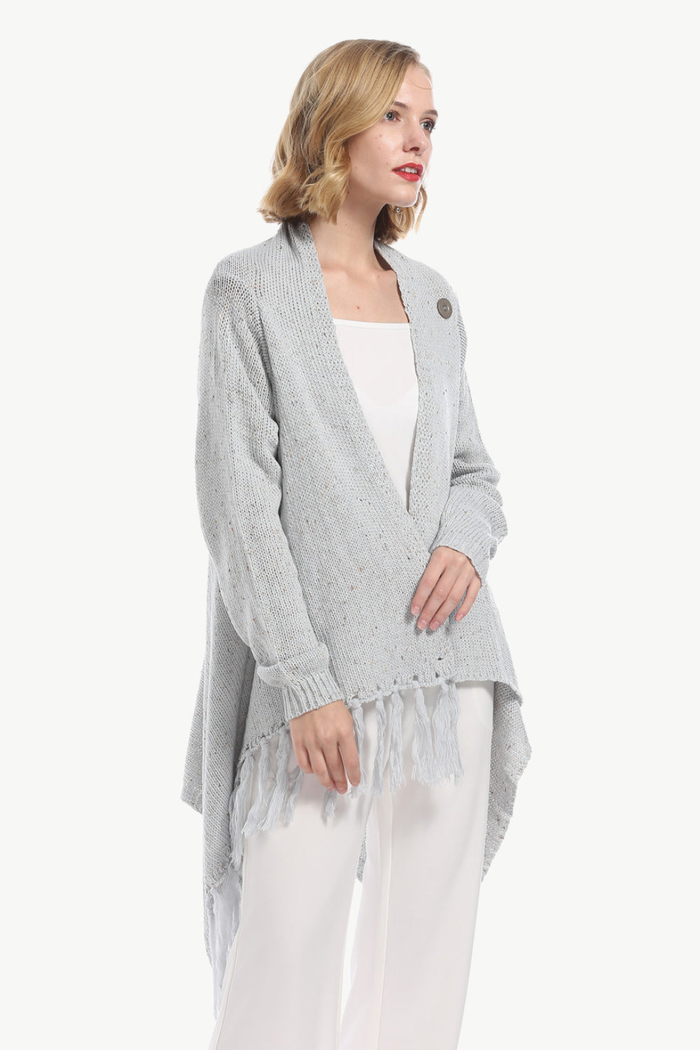 One-Button Tassel Tie Asymmetrical Hem Cardigan - Bazaare Mart