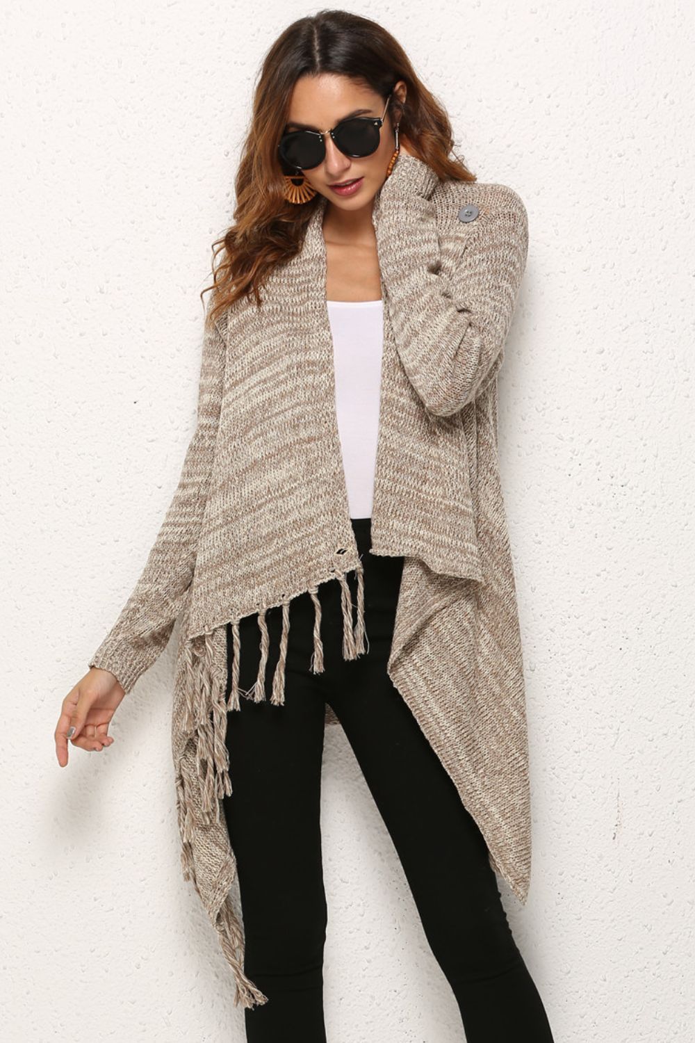 One-Button Tassel Tie Asymmetrical Hem Cardigan - Bazaare Mart