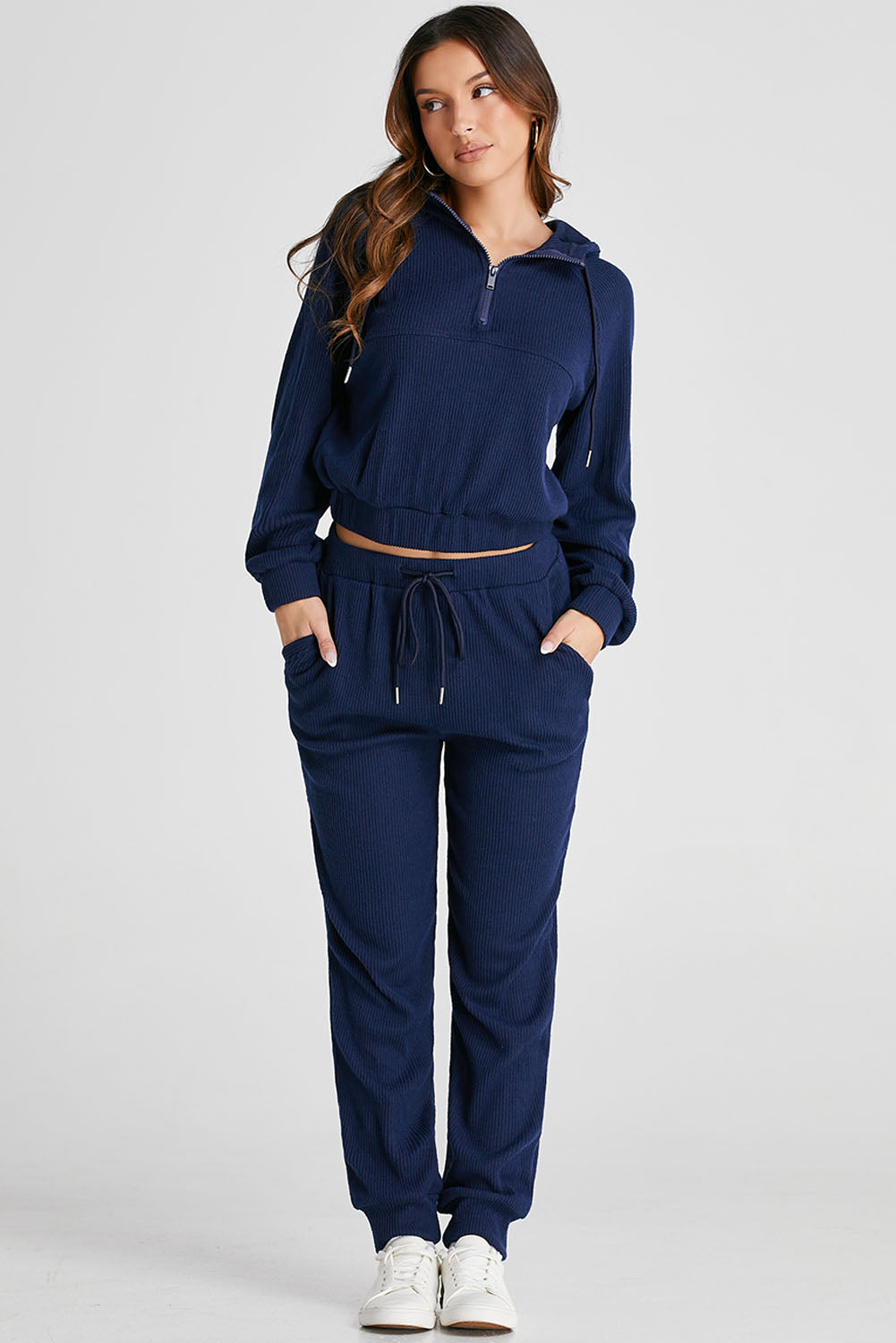 Navy Ribbed Knit Cropped Hoodie Joggers Set