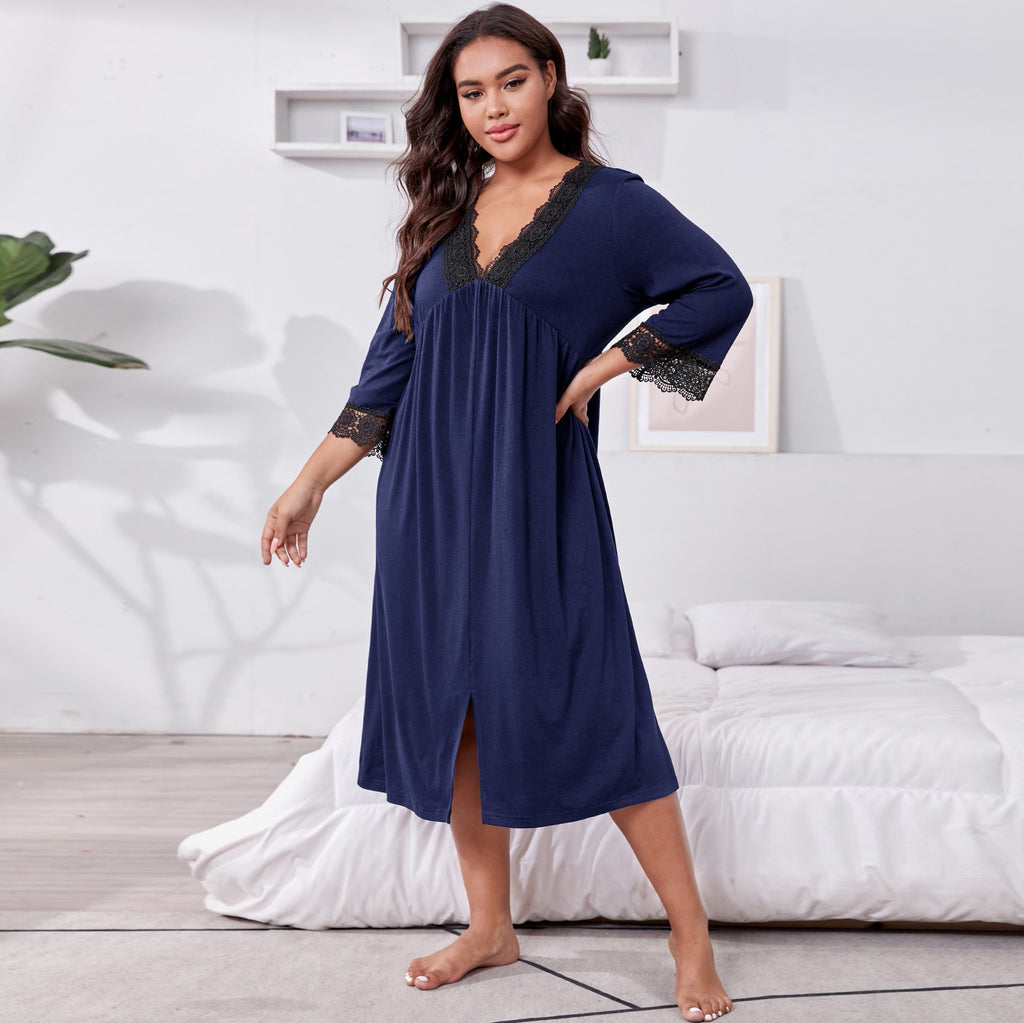 Plus Size Navy Three-quarter Sleeve Lace Nightgown CJ Dropshipping Navy Night Gown