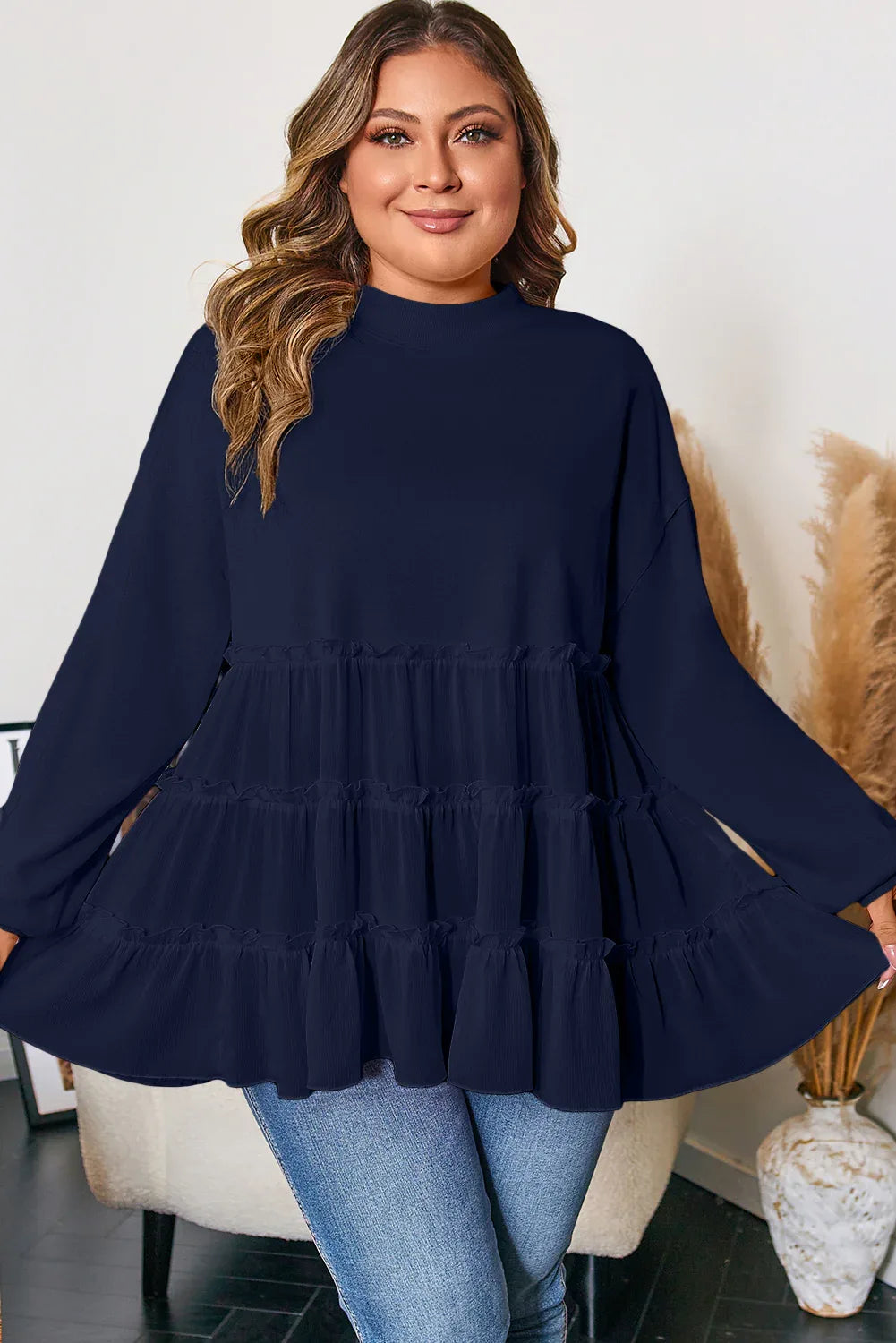 Tiered Ruffle Ribbed Crew Neck Long Sleeve Top Bazarre Mart Plus Size/Plus Size Tops/Plus Size Blouses & Shirts