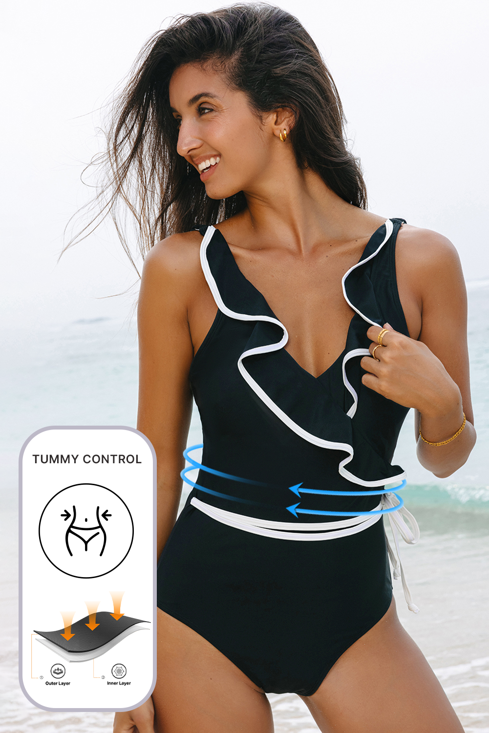 B&W Color Contrast Ruffled Wrap V Neck Swimsuit