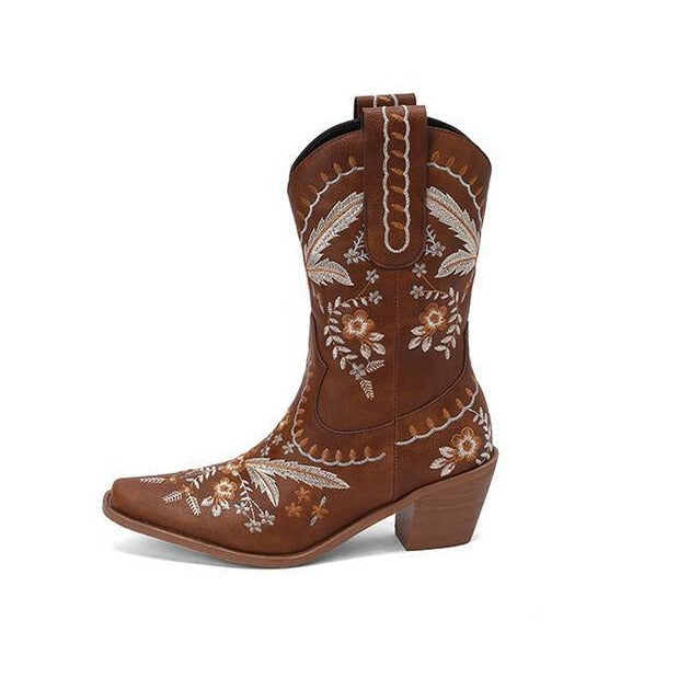 Chunky Heel Embroidered Knee-High Cowboy Boots – Women’s Square Toe Western Boots CJ Dropshipping Embroidered Denim Boots