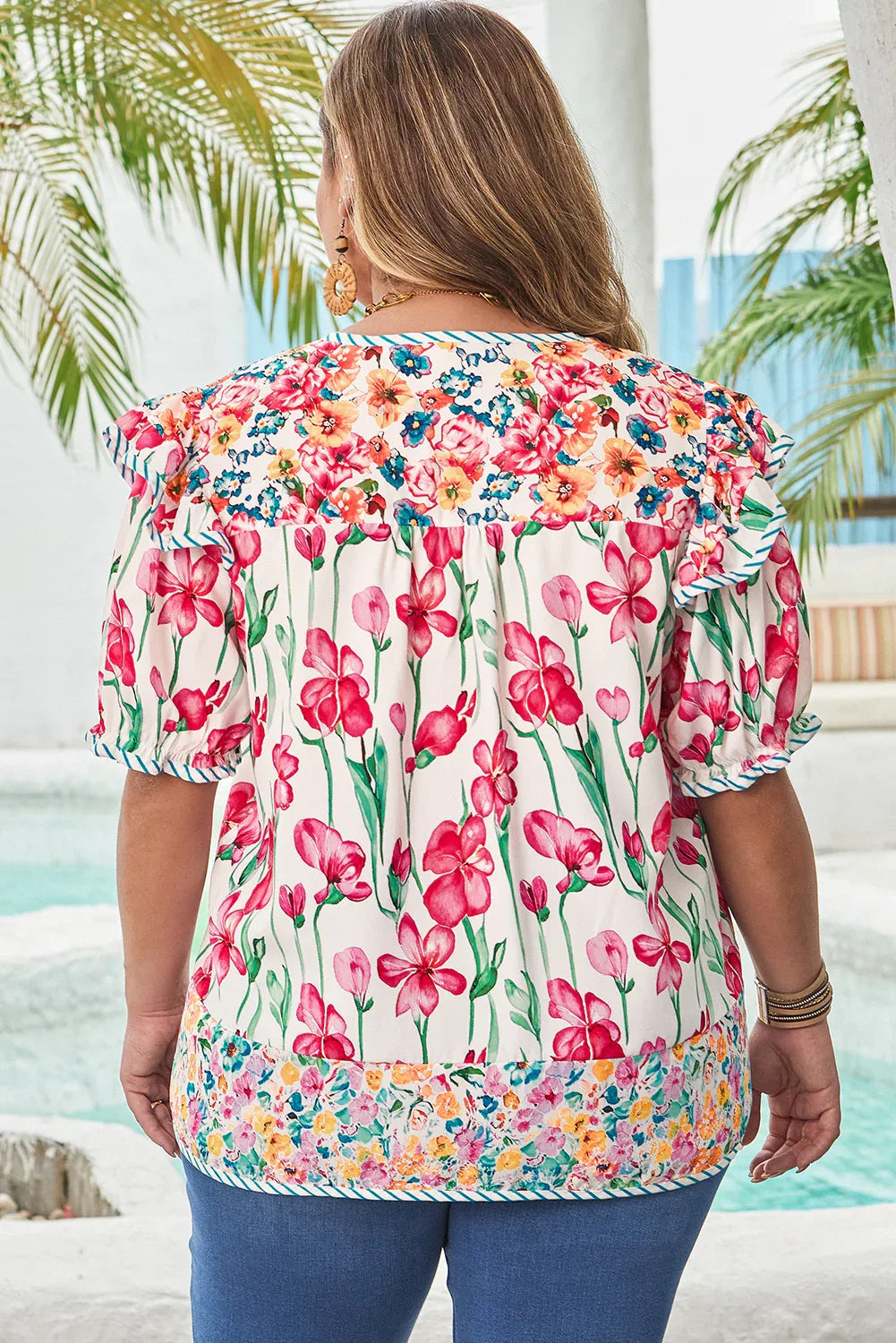 Pink Plus Size Floral Print Striped Trim V Neck Blouse Dear-Lover Dropshipping Plus Size/Plus Size Tops/Plus Size Blouses & Shirts