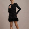 Fancy Long Sleeve Sequin and Feather Mini Bodycon Dress Black Bazaare Mart Fancy Sequin Fur Dress