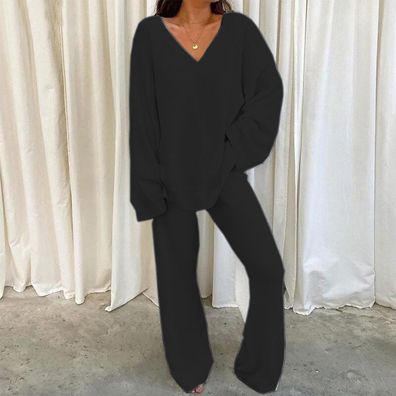 Black Comfortable Solid Color V-Neck Two-Piece Fleece Set