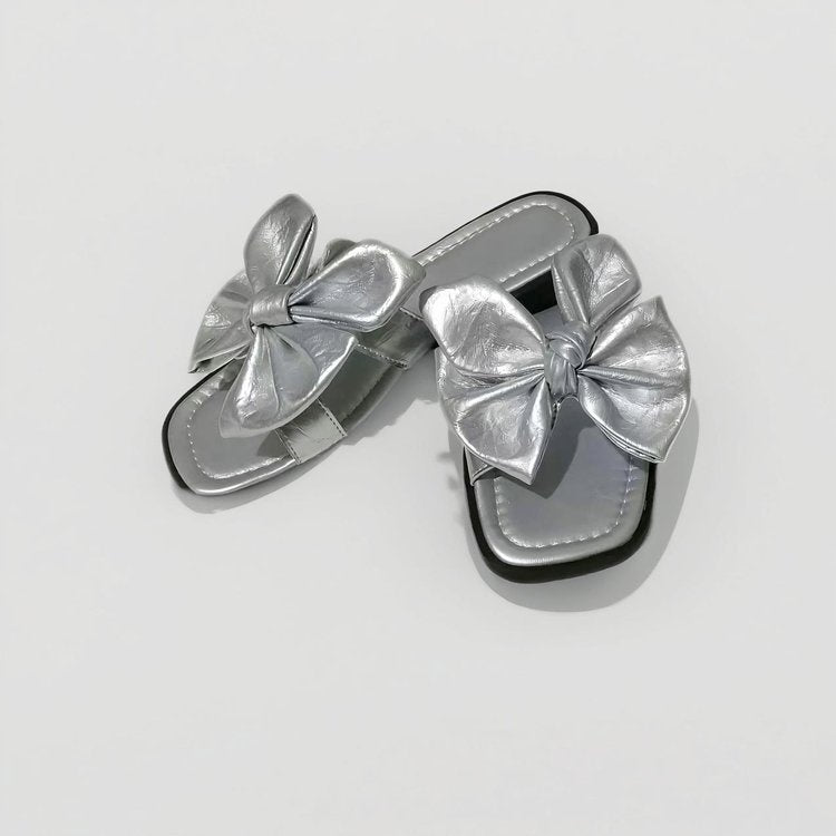 Big Bow Slip-On Slide Sandals CJ Dropshipping Silver Floral Flat Sandal