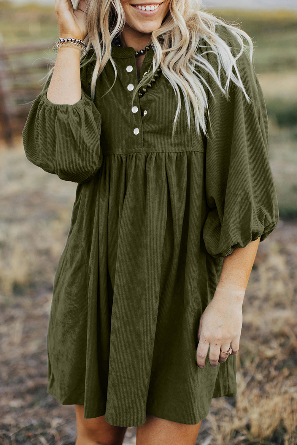 Army Green Corduroy 1/4 Snap Empire Waist Bracelet Sleeve Dress