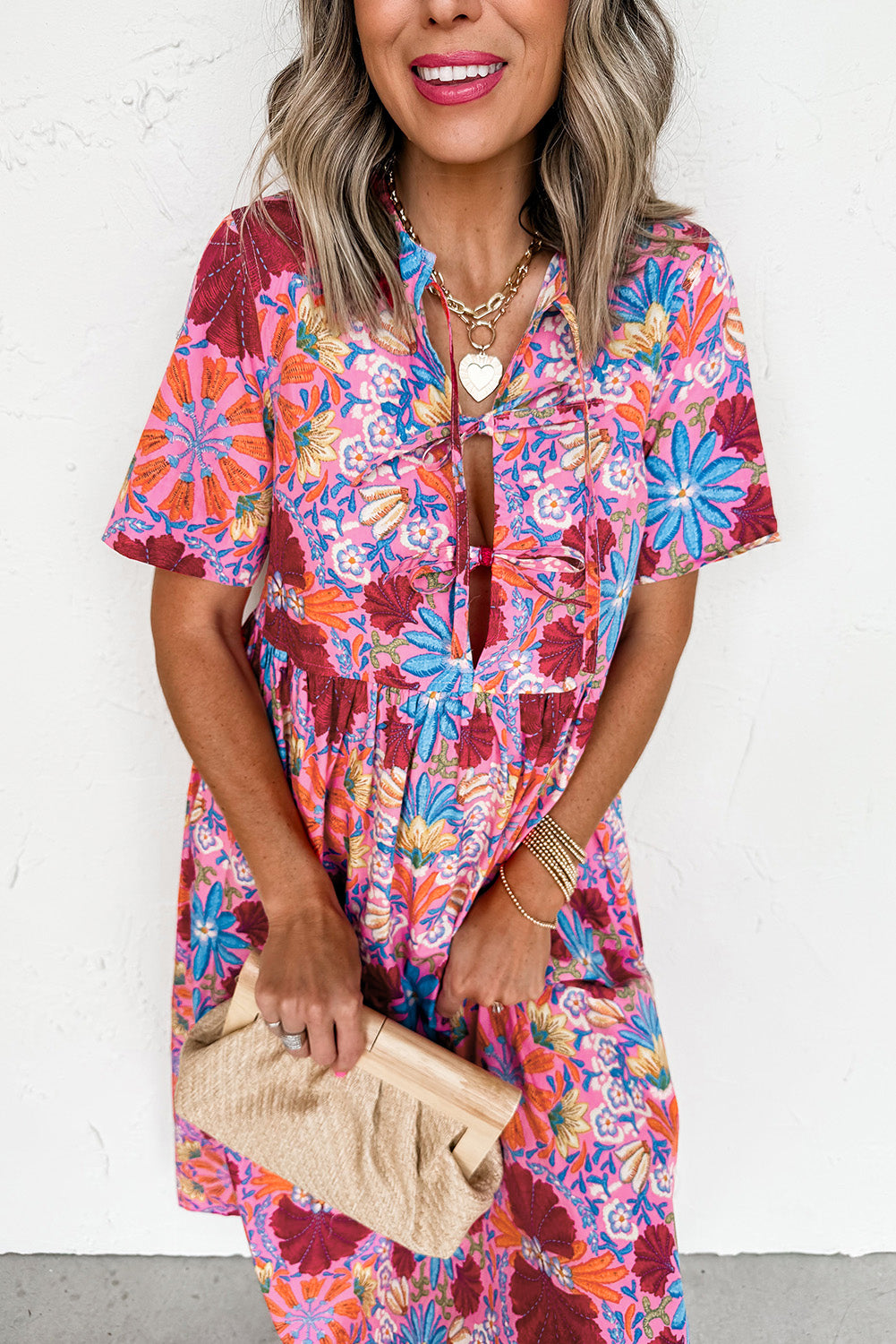 Rose Floral Tie Front Empire Waist Midi Dress Shewin Midi Dresses