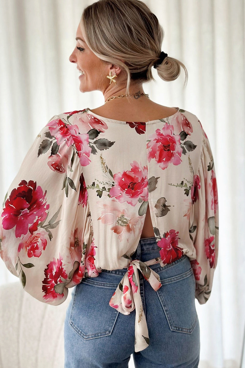 Rose 3/4 Sleeve Lace-up Back Blouse