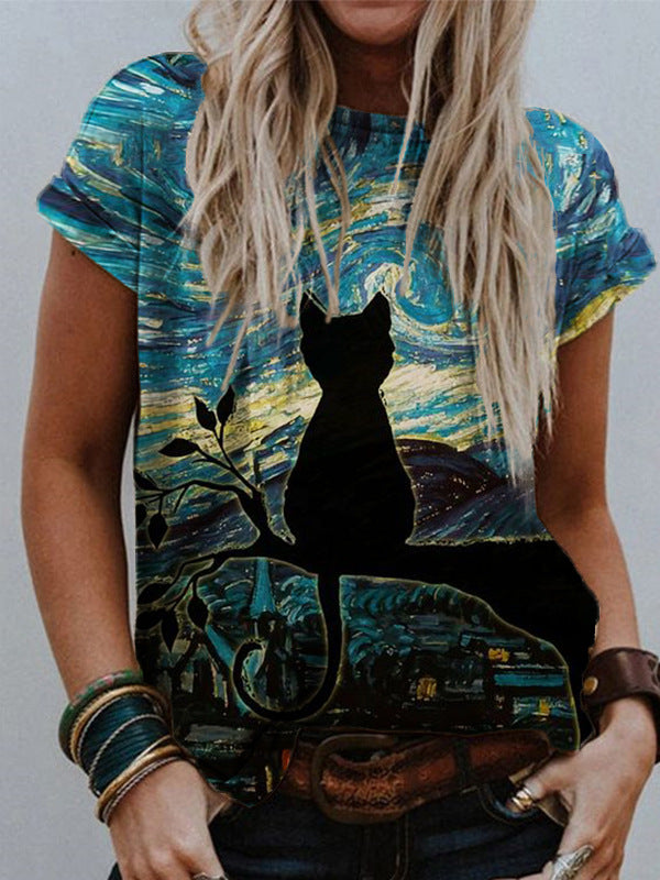 Ladies V neck wearable art t-shirt Cat Watching the Sunrise