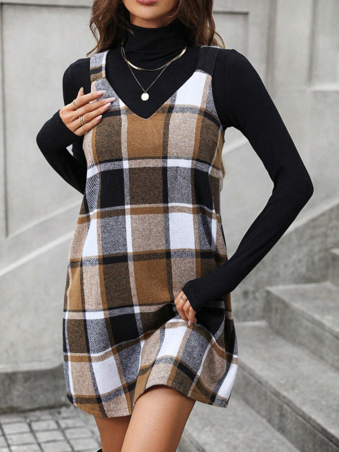 Brown Plaid V-Neck Wide Strap Jumper