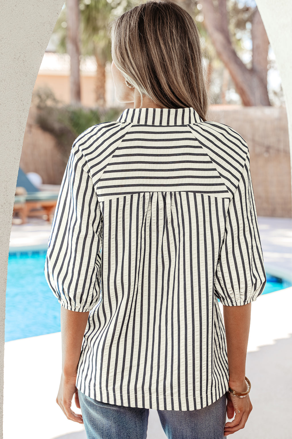 Green Stripe Floral Embroidered V-Neck Blouse