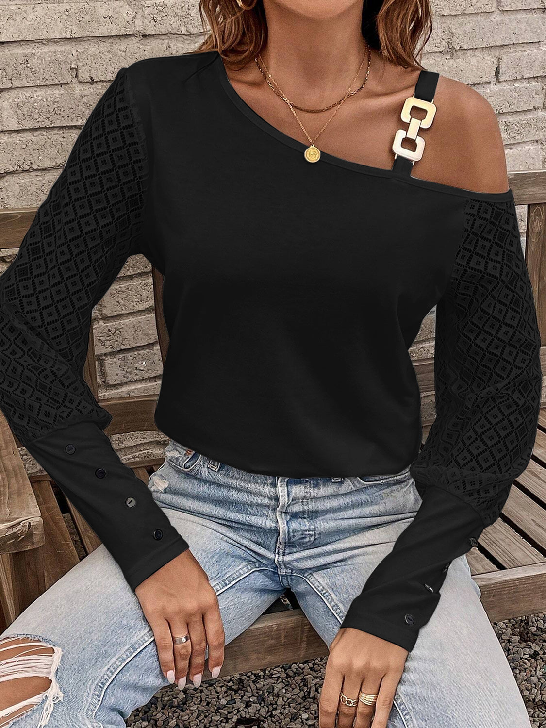 Black Asymmetrical Neck Lace Long Sleeve T-Shirt