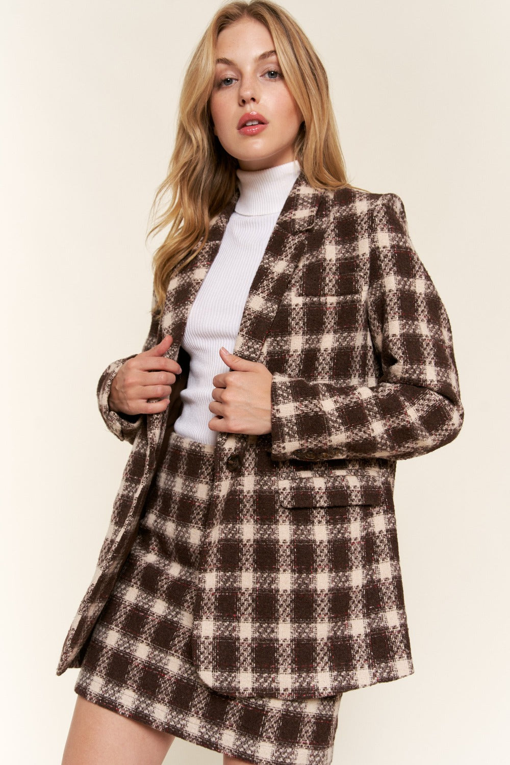 Brown Plaid One Button Suit Blazer