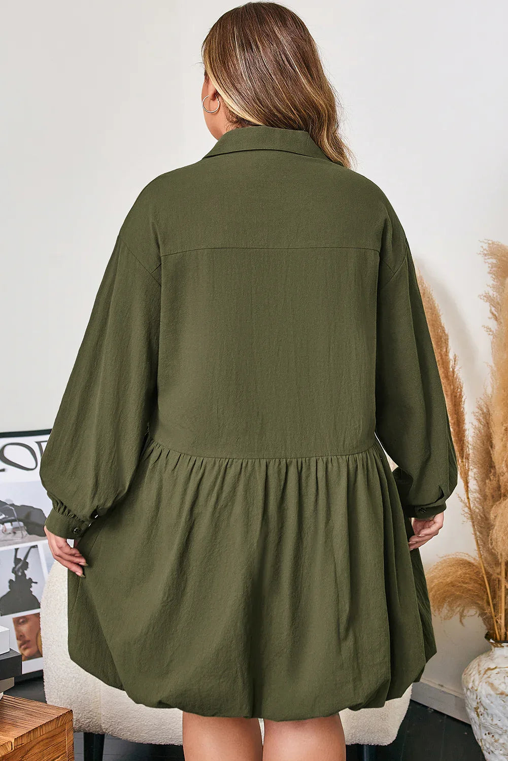 Olive Green Collared Half Button Long Sleeve Ruffle Hem Mini Dress Bazaare Mart Plus Size/Plus Size Dresses/Plus Size Mini Dresses