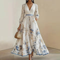 Blue Floral V-Neck Long Sleeve Maxi Dress White Bazaare Mart Floral Print V-Neck Long Sleeve Maxi Dress