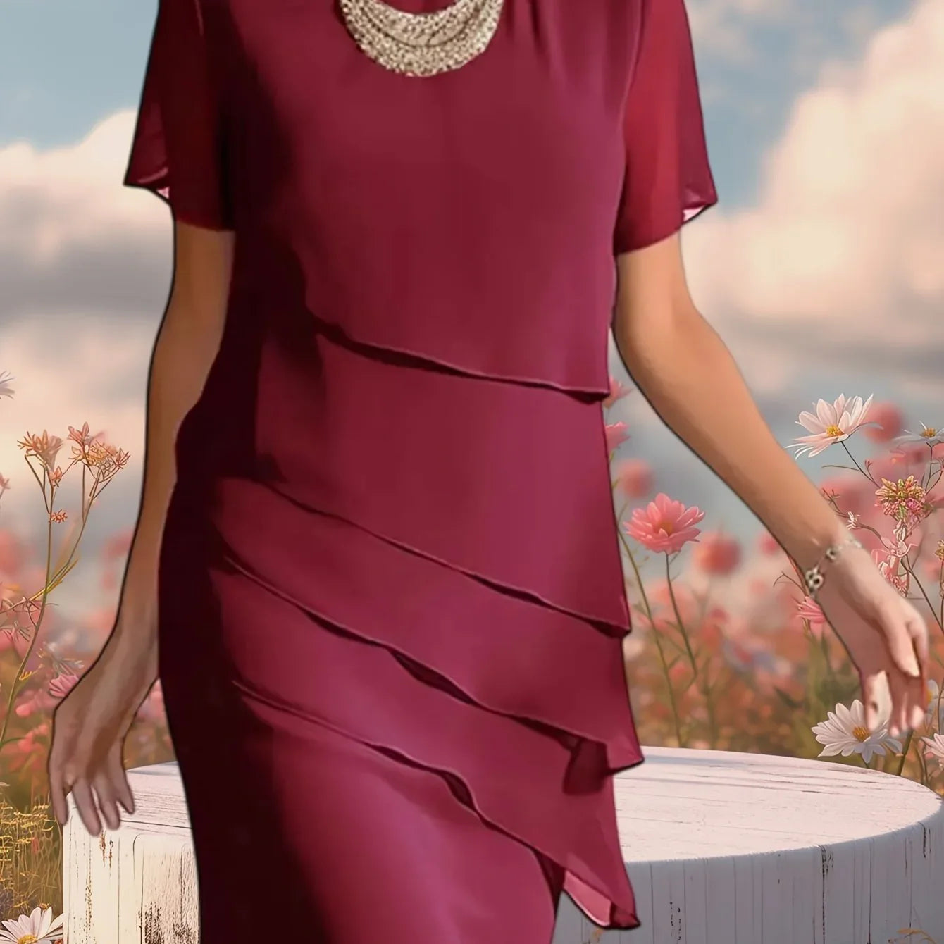 Round Neck Half Sleeve Layered Chiffon Dress crimson Bazaare Mart Short Sleeve Dress