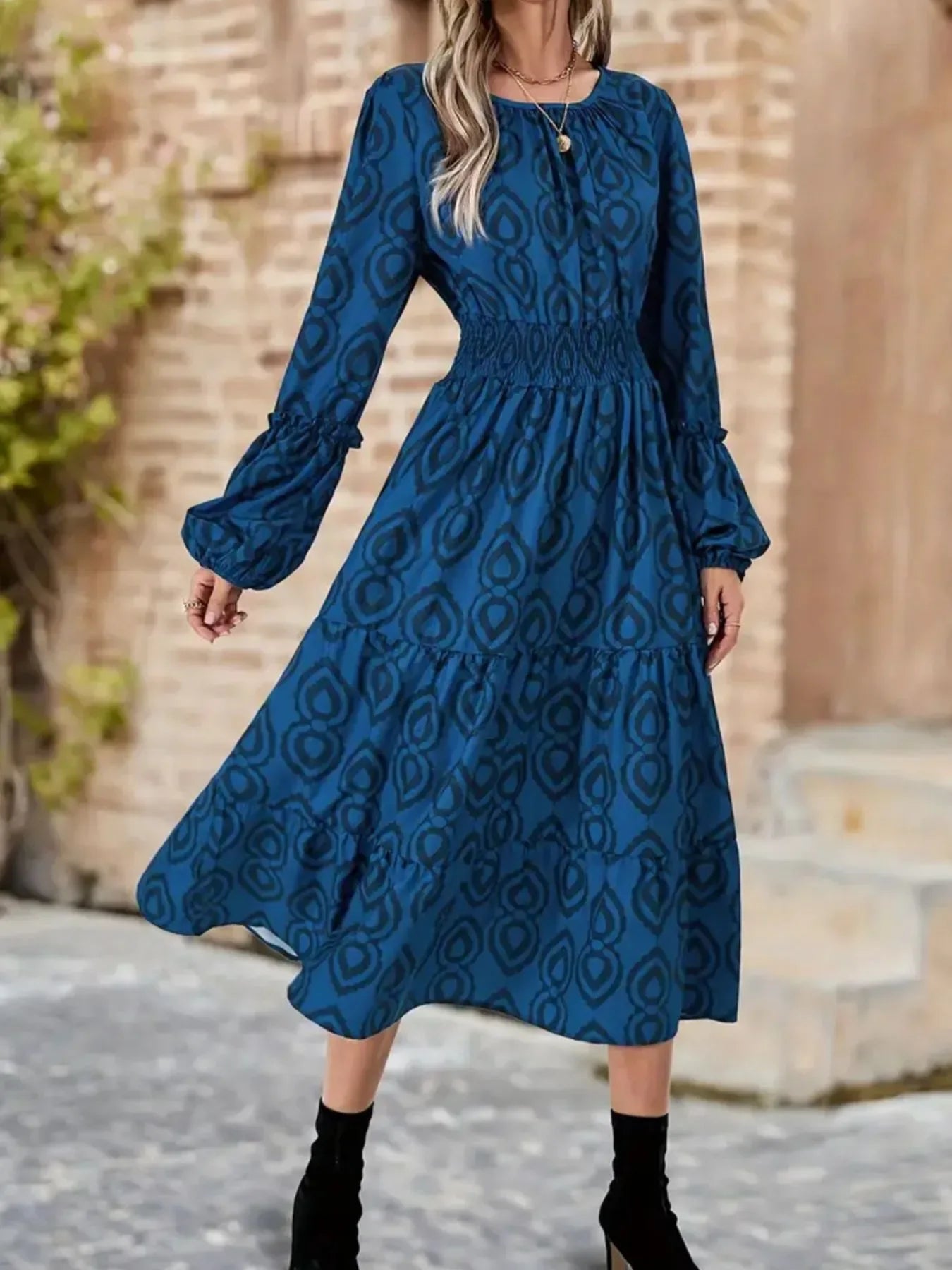 Printed Round Neck Balloon Sleeve Dress Trendsi Long Sleeve Printed Midi Dress