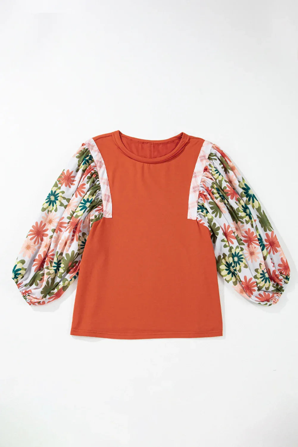 Rust Floral Puff Sleeve Patchwork Blouse Bazaare Mart Tops/Blouses & Shirts