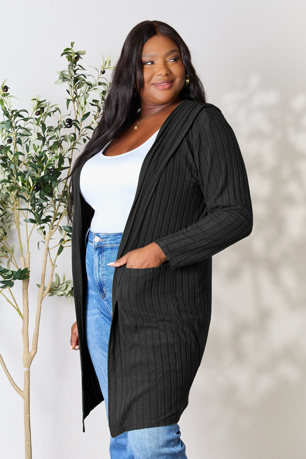 Plus Size Long Hooded Sweater Cardigan