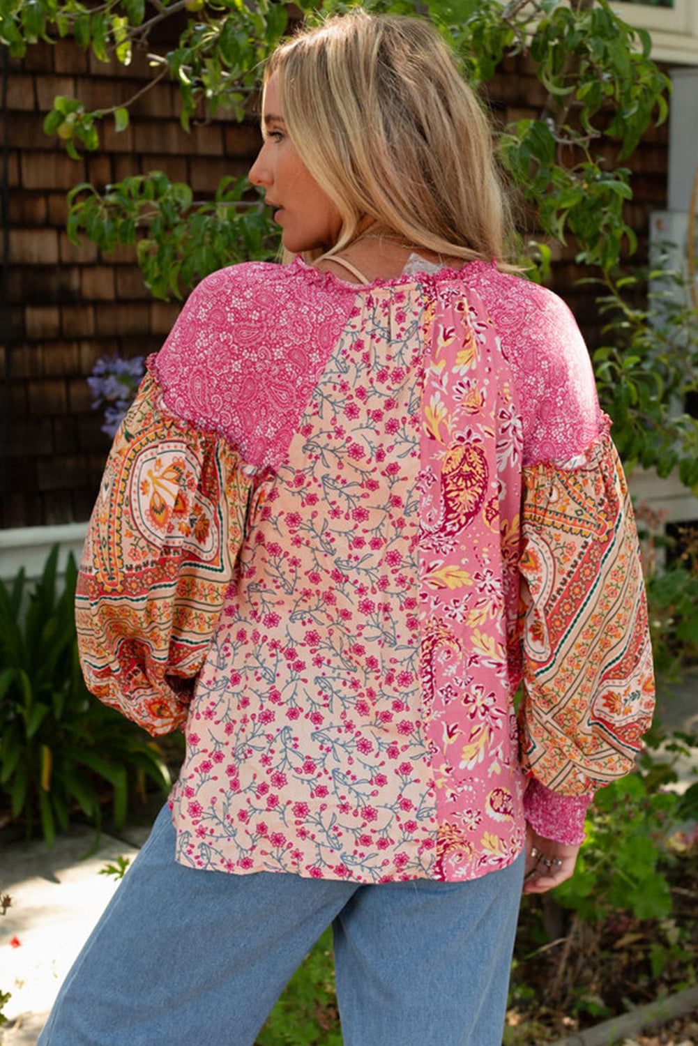 Pink Mixed Floral Patchwork Long Lantern Sleeve V-Neck Blouse Shewin Blouses