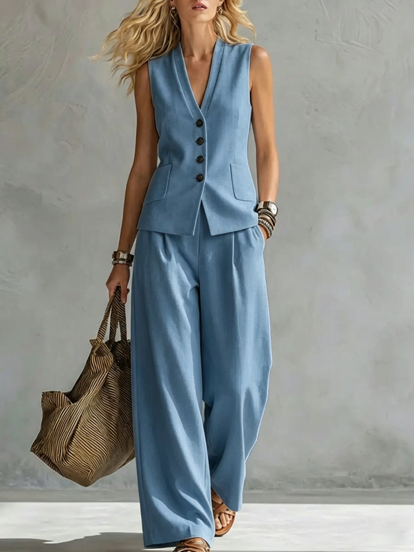 Women’s Sleeveless Linen Tank & Wide Leg Pants Set – Casual 2-Piece Summer Outfit Blue CJ Dropshipping Vest and Pants Set