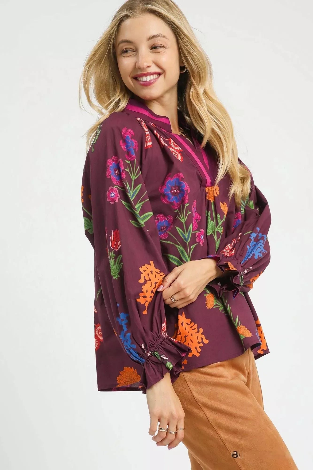 Umgee Burgundy Floral Flounce 3/4 Sleeve Blouse Bazarre Mart Umgee Floral Print Flounce Sleeve Blouse