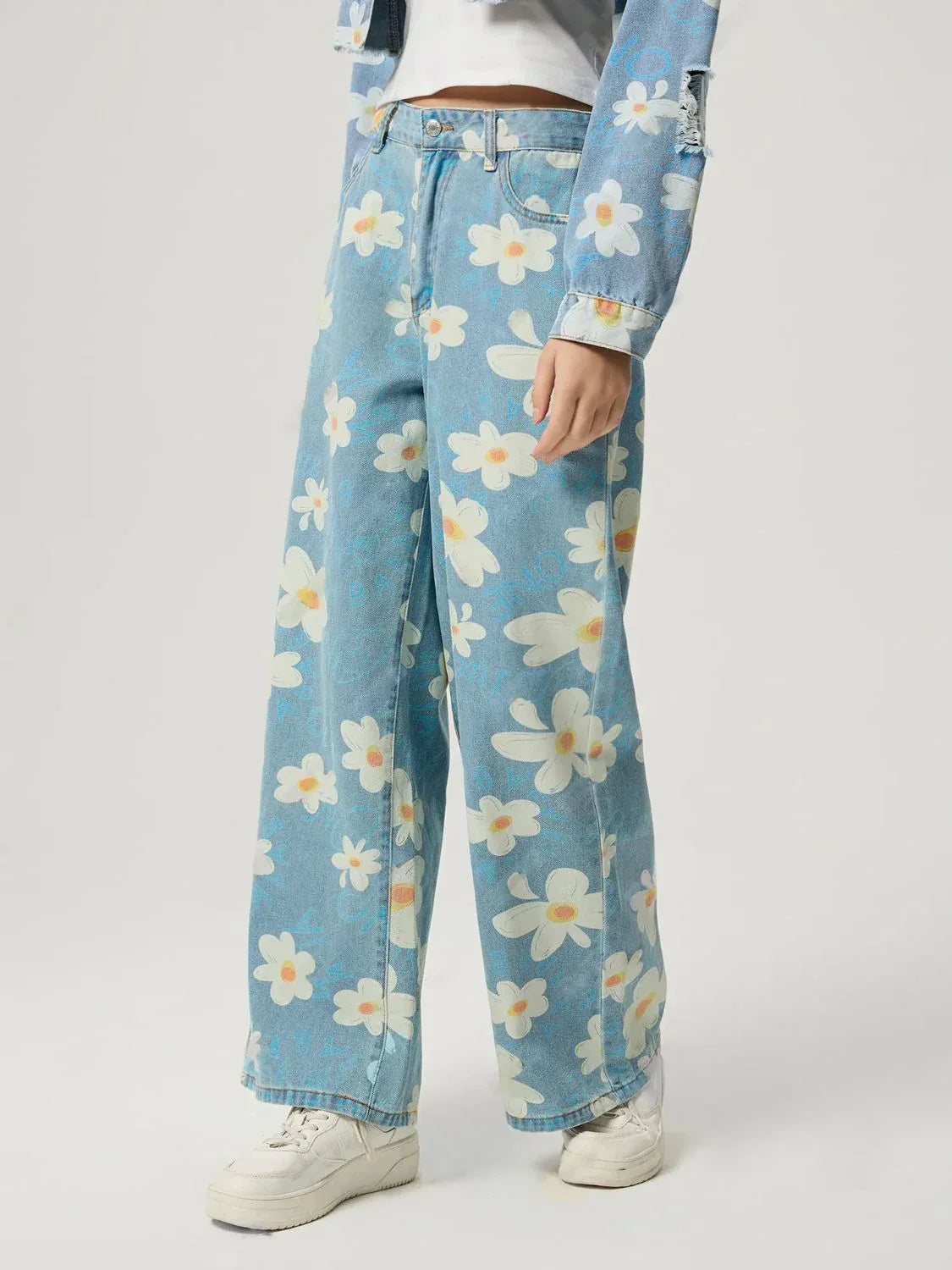 Pocketed Floral Wide Leg Jeans Bazarre Mart Flower Pants