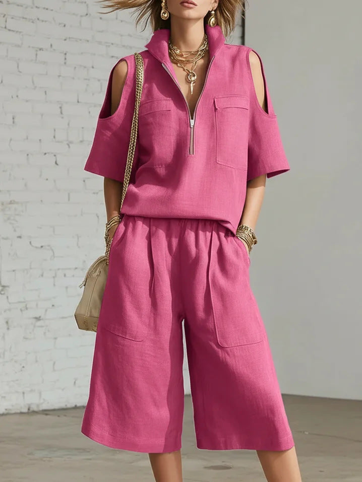 Women’s Cold Shoulder Half-Zip Top & Loose Gaucho Pants Set – Casual 2-Piece Outfit Plus Size Rose Red CJ Dropshipping 2pc Cold Shoulder Camp Shirt and Gaucho