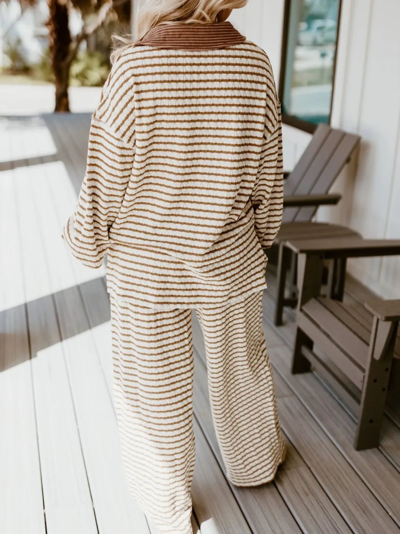 Thin Stripe Collared Baggy Top and Drawstring Pant Set Trendsi Brown Striped Wide Leg Pants Set