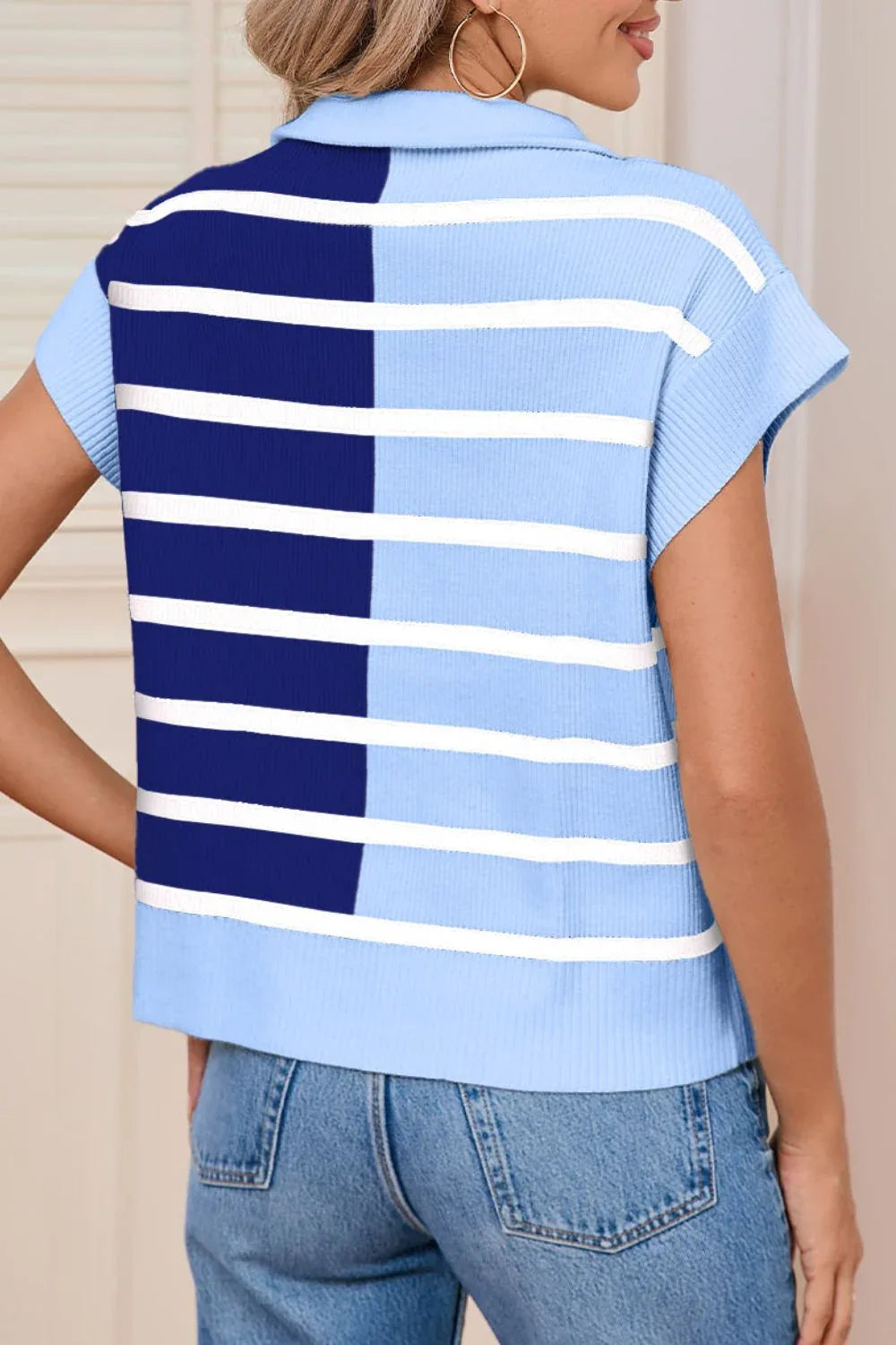 Striped Short Sleeve Sweater Top Bazarre Mart Color Block Strip Short Sleeve Top